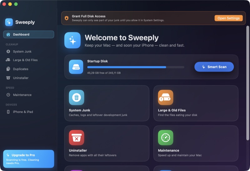 Kenar çubuğunda iPhone ve iPad temizlik modülü bulunan Sweeply uygulama penceresi